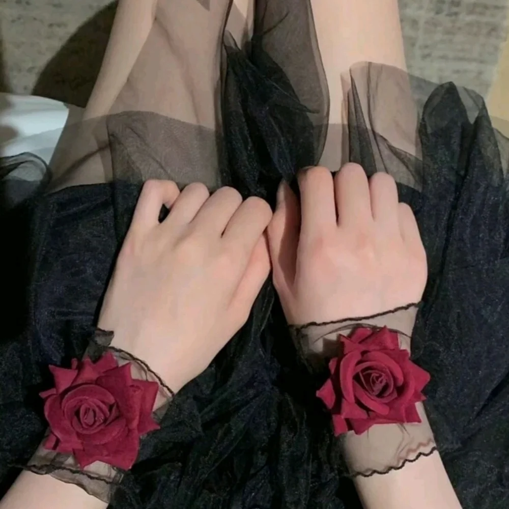 Black Skull Black Lace Wrist Corsage with Deep Red Rose